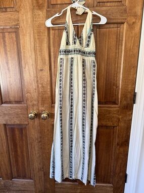 Billabong Cream Halter Dress with Brown & Teal Embroidery